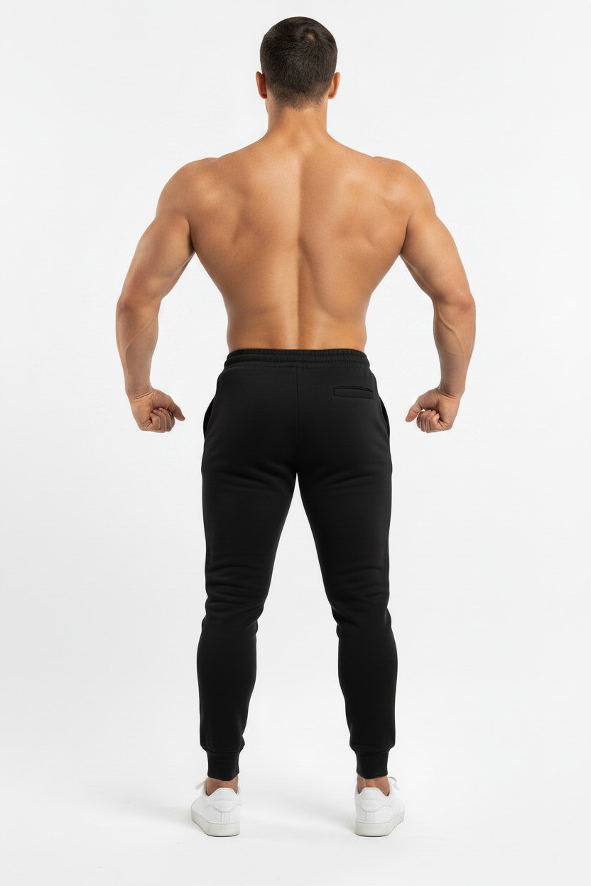 Back view of plain black pants on massive bodybuilder